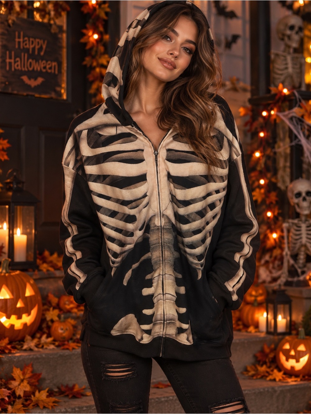 Women’s Black Hooded Zip Sweatshirt with Cream Skeleton Print